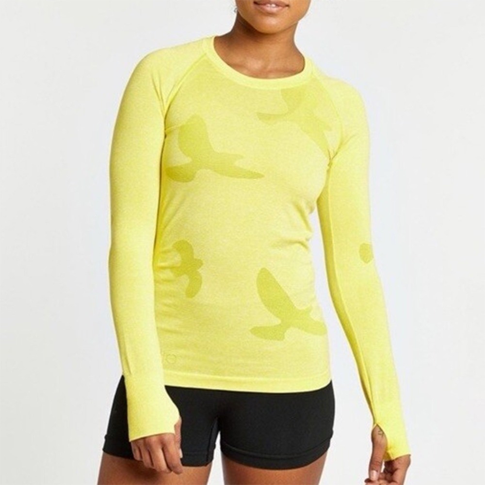 Oiselle Flyte Long Sleeve Running Top Womens S Yellow Bird Jacquard Thumbhole